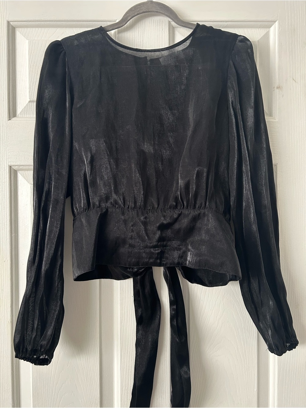 Topshop Black Satin Long-Sleeve Tie-Back Blouse